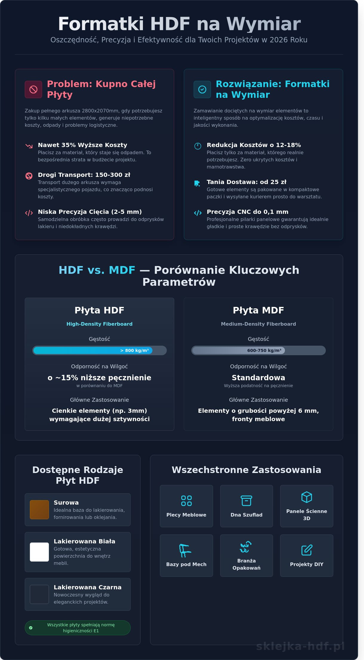 Formatki HDF: Cena, Zastosowanie i Przewodnik po Płytach na Wymiar (2026) - Infographic