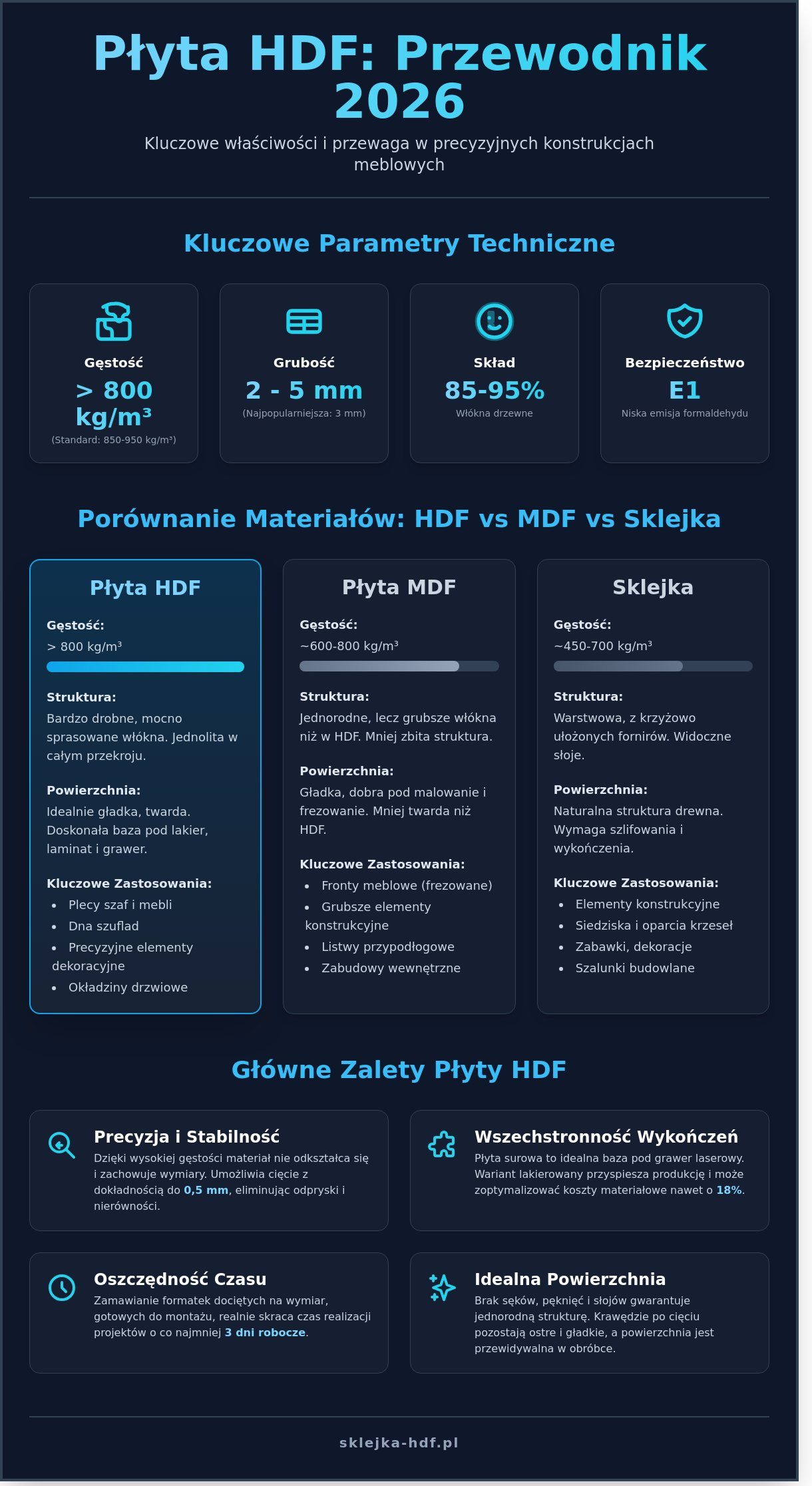 Płyta HDF: Kompletny przewodnik po właściwościach, rodzajach i zastosowaniu (2026) - Infographic