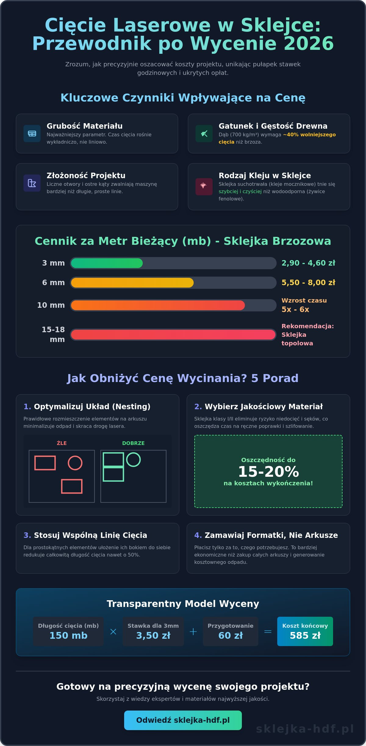 Cięcie laserowe w sklejce cennik 2026: Jak obliczyć koszt i wybrać materiał? - Infographic