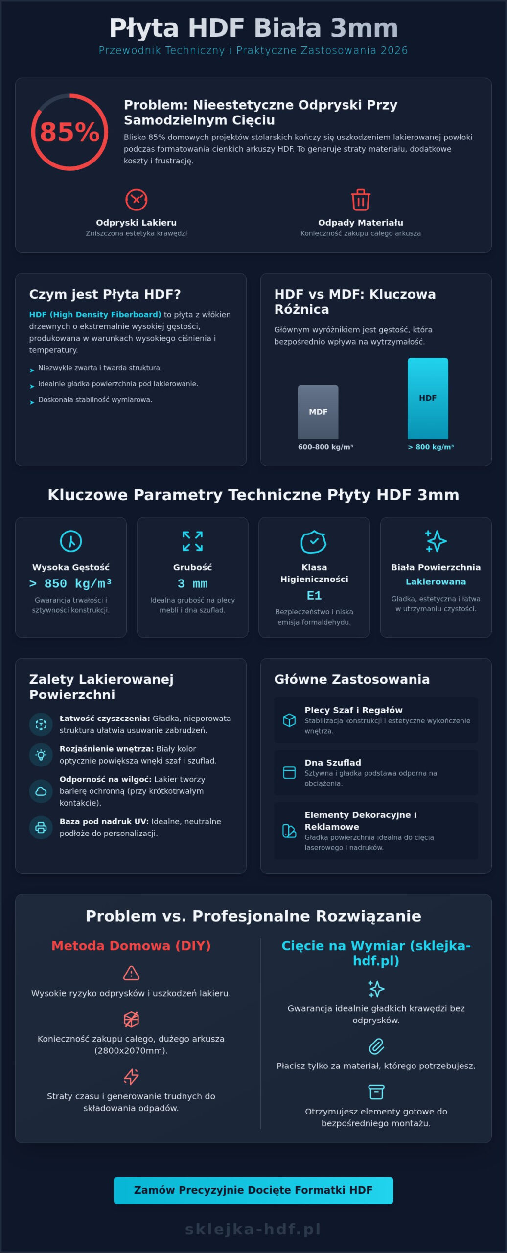 Płyta HDF biała 3mm: Właściwości, zastosowania i cięcie na wymiar (2026) - Infographic