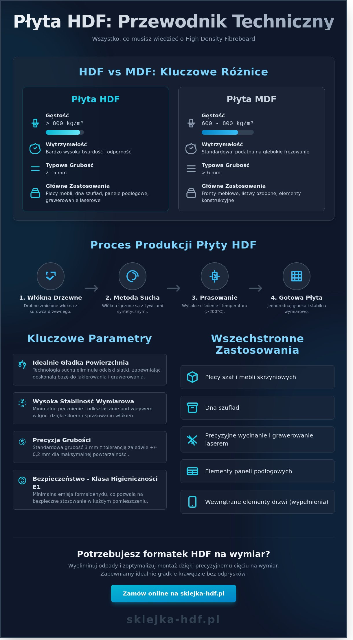 Płyty HDF – co to jest? Kompleksowy przewodnik po właściwościach i zastosowaniach (2026) - Infographic