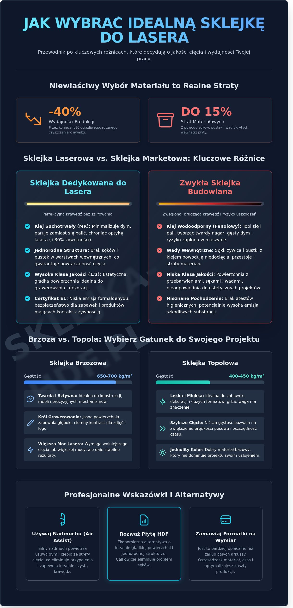 Sklejka do lasera: Kompletny poradnik wyboru materiału do cięcia i grawerowania - Infographic