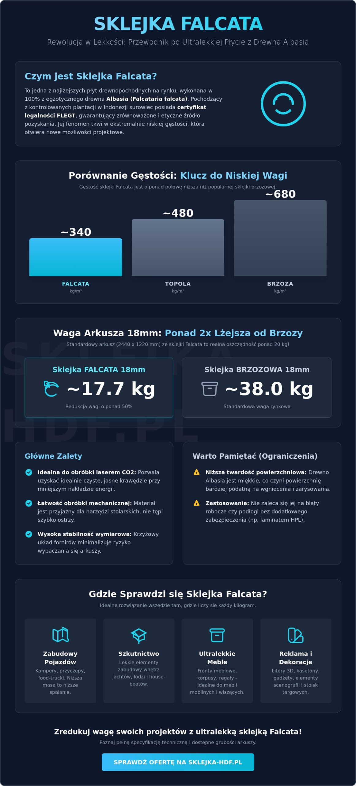 Falcata sklejka: Właściwości, zastosowanie i porównanie ultralekkiej płyty - Infographic