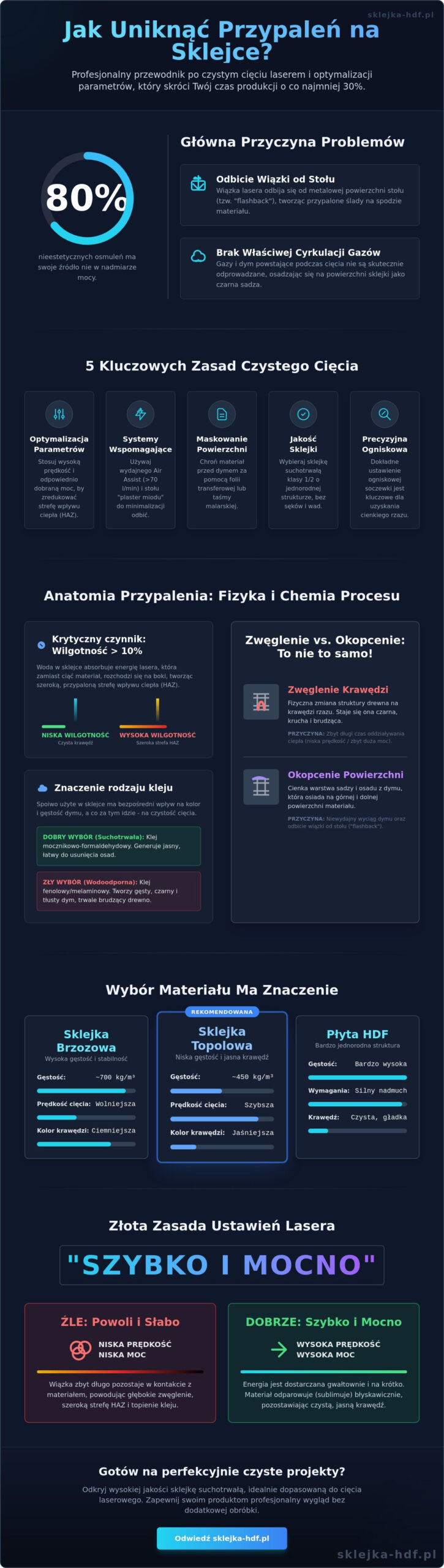 Jak uniknąć przypaleń na sklejce? Poradnik czystego cięcia laserem (2026) - Infographic