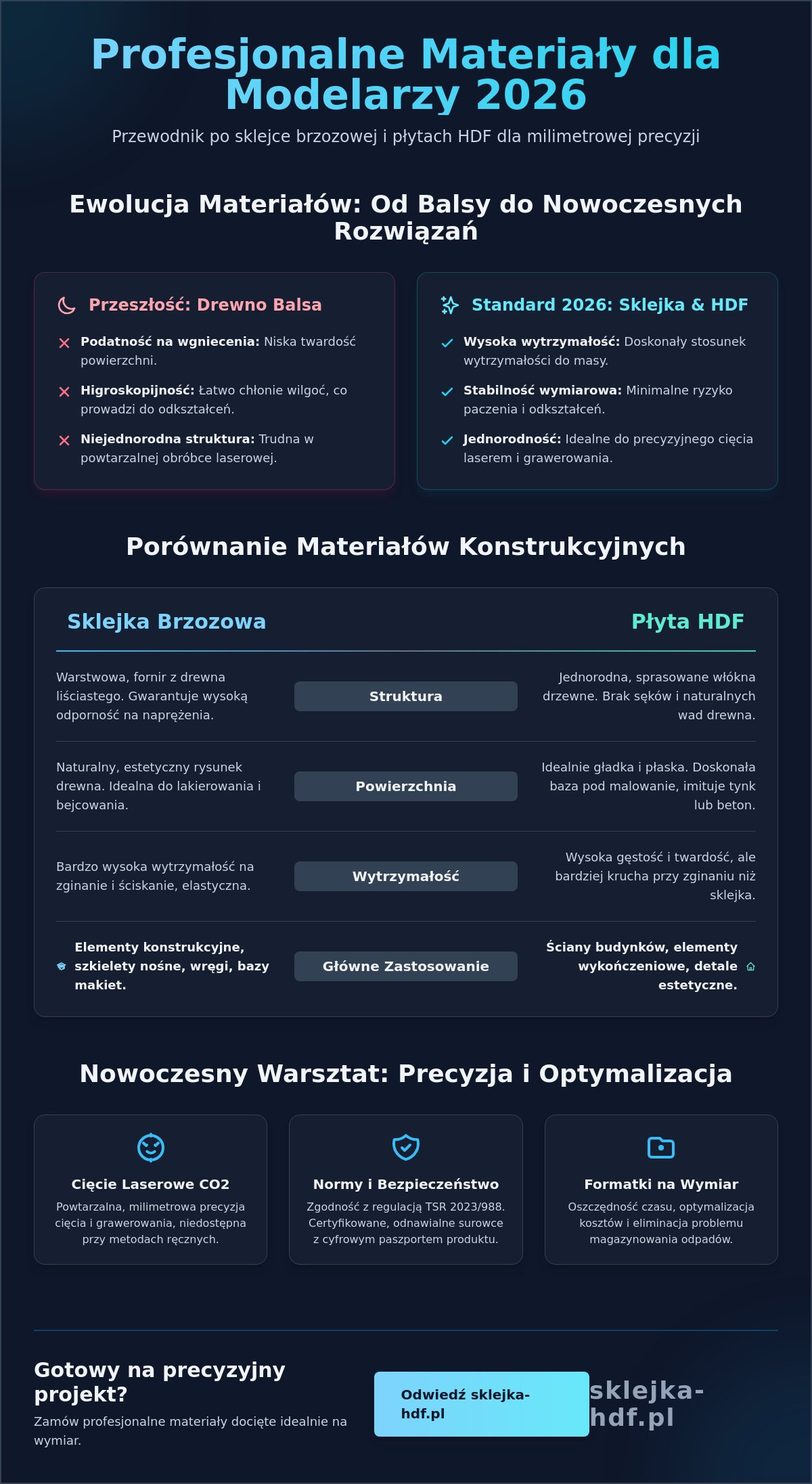 Materiały dla modelarzy: Przewodnik po wyborze sklejki i płyt HDF (2026) - Infographic