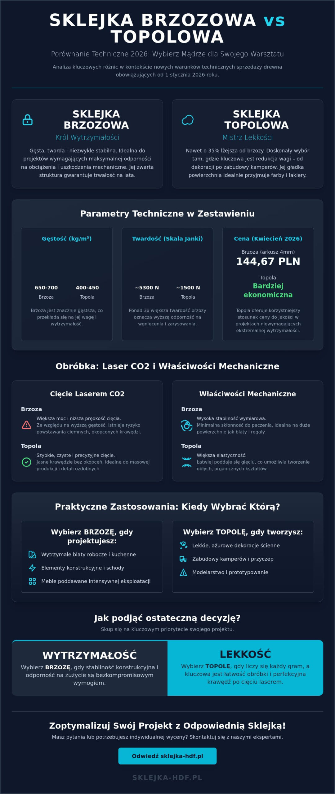Sklejka brzozowa czy topolowa? Porównanie właściwości i zastosowań w 2026 roku - Infographic